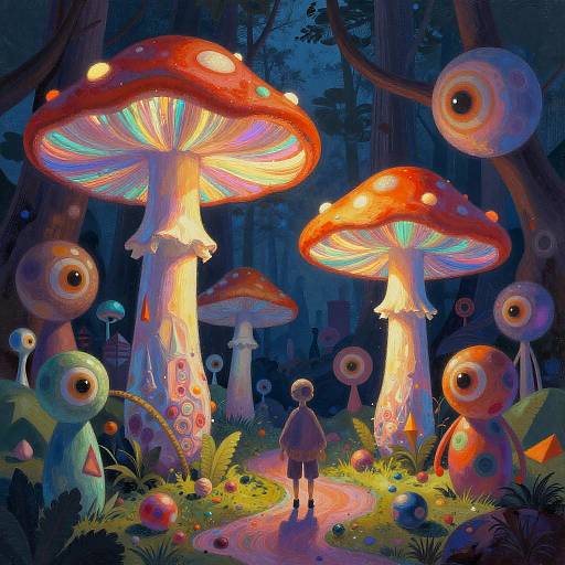 Surreal Iridescent Forest with Humanoids