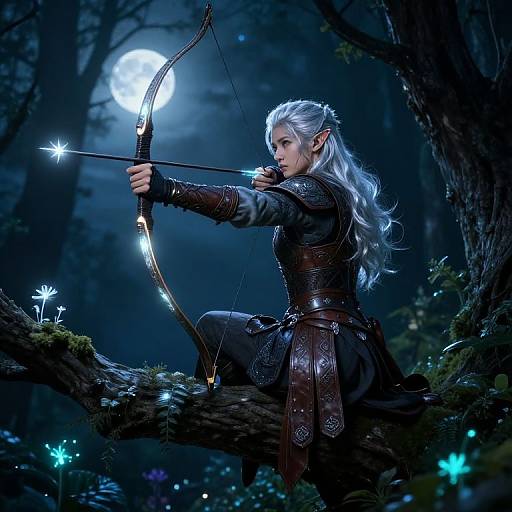Digital fantasy artwork: Elven archer with long silver hair, pointed ears, and leather armor, aiming a glowing bow at a moonlit forest.