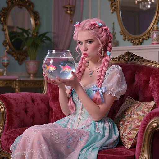 Whimsical Victorian Woman with Goldfish