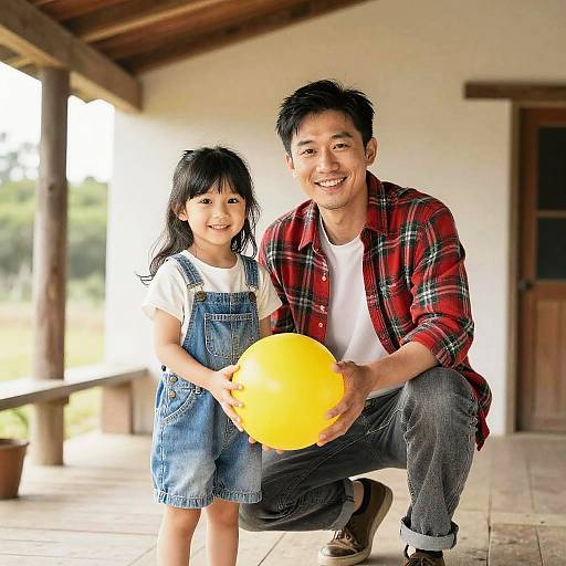 Photograph of smiling Asian father and daughter holding a yellow balloon, wearing denim overalls and red plaid shirt, on a wooden porch.