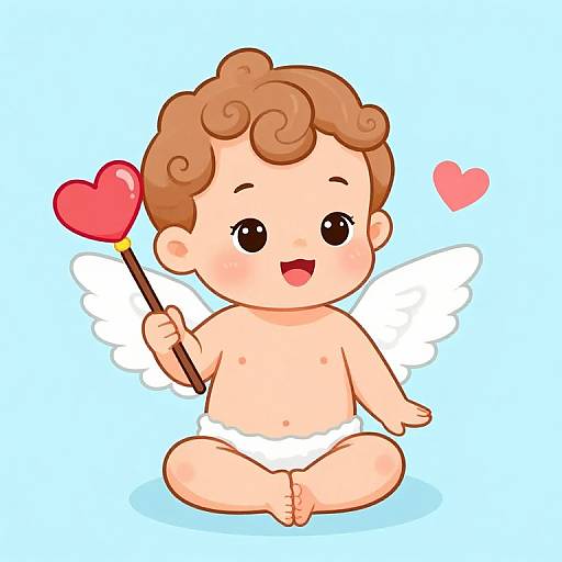 Cute cartoon baby angel with curly brown hair, white wings, holding a red heart-tipped wand, wearing a white diaper, smiling, blue background