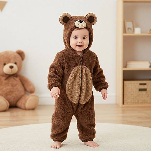Photograph of a smiling baby in a brown bear onesie with ears and a face, standing in a bright room with a large teddy bear and