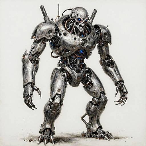 Digital drawing of a menacing, silver, robotic humanoid with exposed gears, blue lights, and sharp claws, standing against a white background.