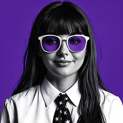 Black-and-white photograph of a smiling woman with long black hair, white-framed sunglasses, white shirt, and star-patterned tie, against a vibrant