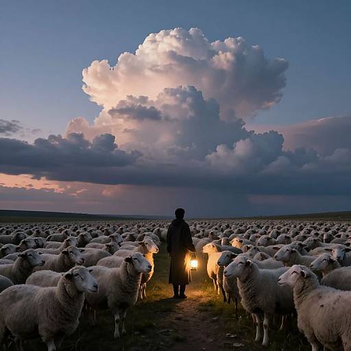 Photograph of a shepherd silhouetted against a dramatic sunset sky, holding a flashlight amidst a flock of white sheep in a vast field, with