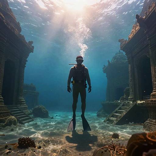 Sunken Ancient Temple with Diver