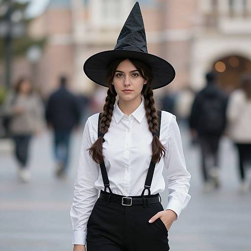 Photograph of a young woman with long braids, wearing a black witch hat, white shirt, black suspenders, and high-waisted black