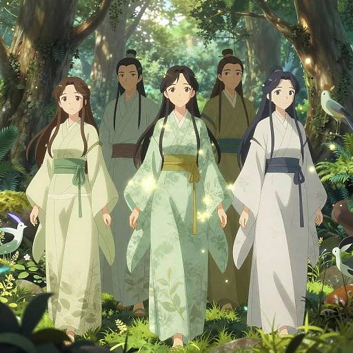 Anime-style digital illustration of five young Japanese women in traditional kimonos walking through a sunlit, forested garden with birds.