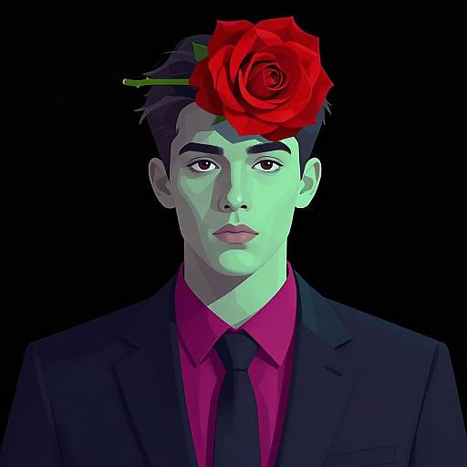 Digital painting of a serious young man in a dark suit, pink shirt, black tie, with a large red rose on his head, against a black