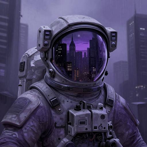 Futuristic Astronaut in Purple Cityscape