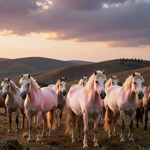 Photograph of a group of white horses with pinkish hues, standing in a grassy field at sunset, under a dramatic, cloud-filled sky.