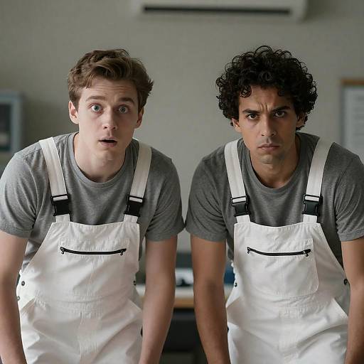 Surprised and Serious Men in Overalls