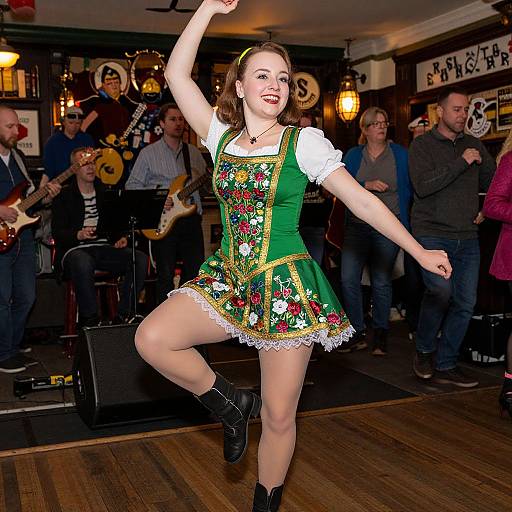 Photograph of a smiling young woman dancing in a traditional German dirndl with colorful embroidery, black boots, in a lively pub with musicians in the background