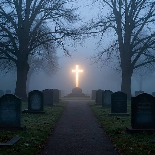Misty Graveyard with Luminous Cross