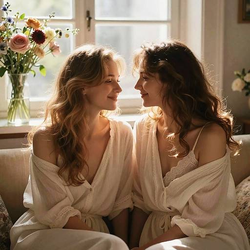 Sensual Mothers in Sunlit Floral Room