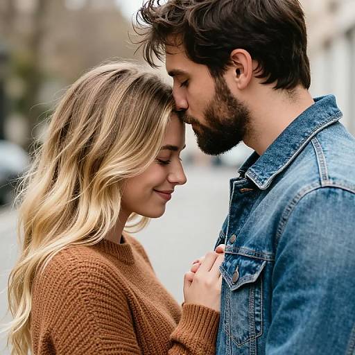 Photograph of a smiling blonde woman in a brown sweater gently holding the hands of a bearded man in a blue denim shirt, both leaning in for