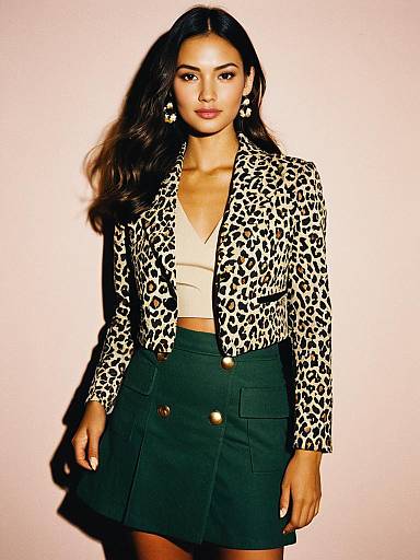 Woman Wearing Leopard Print Blazer and Olive Green Mini Skirt