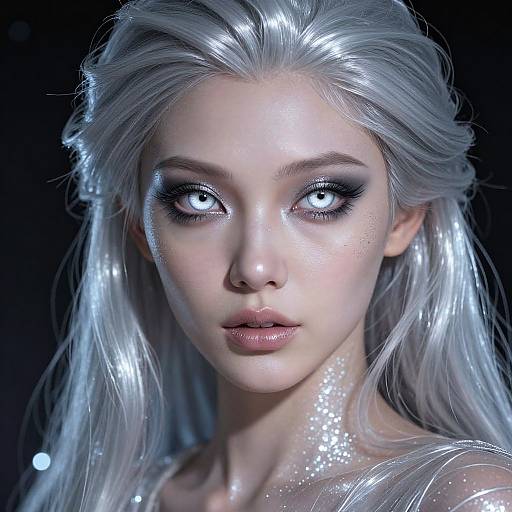 Digital portrait of a pale-skinned, silver-haired woman with glowing eyes, shimmering skin, and glowing accents, set against a dark background.