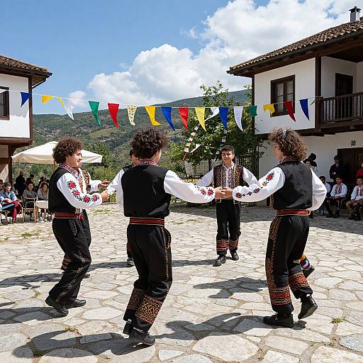 Photograph of three male dancers in traditional black vests and white shirts performing in a sunny village square with colorful bunting, white buildings, and mountainous