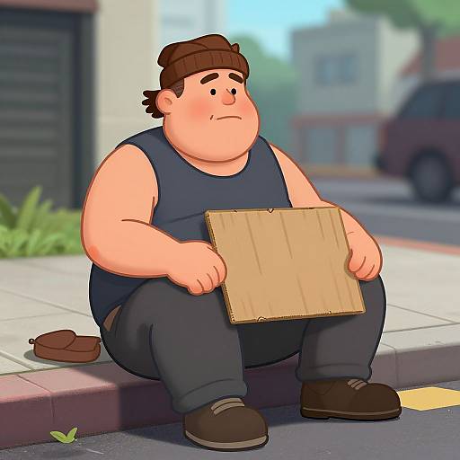 Cartoon-style image of a chubby man with a brown beanie, sleeveless navy shirt, black pants, and brown shoes, sitting on a sidewalk