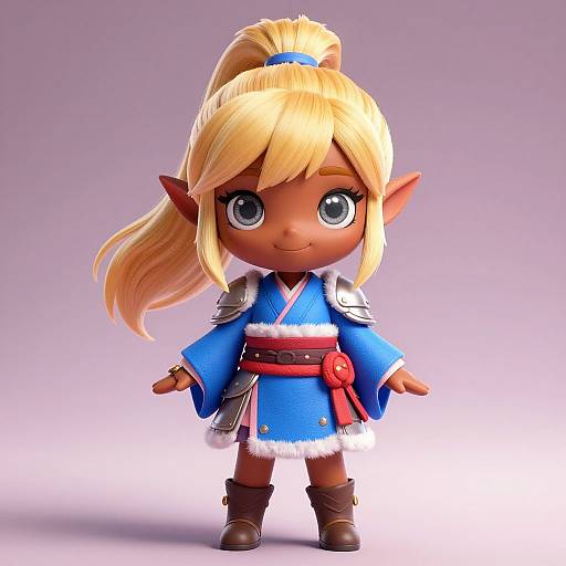 CGI chibi-style elf girl with large blue eyes, blonde ponytail, blue kimono with white fur trim, red belt, brown boots,