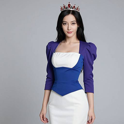 Photograph of an Asian woman with long black hair, wearing a blue and white dress with puffy sleeves, a red and jewel-encrusted