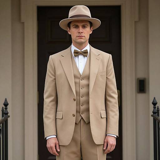 Photograph of a serious-looking man in a beige three-piece suit, white shirt, black bow tie, and beige fedora, standing in front of