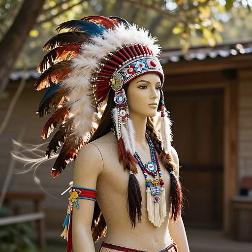 Photograph of a mannequin in Native American attire, wearing a detailed red and white feathered headdress, beaded necklace, and armb