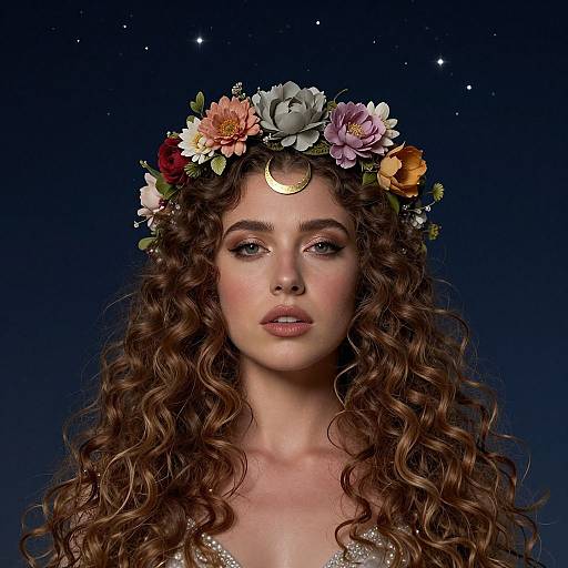Photograph of a woman with curly brown hair, wearing a flower crown with white, pink, and orange flowers, a gold crescent moon headpiece
