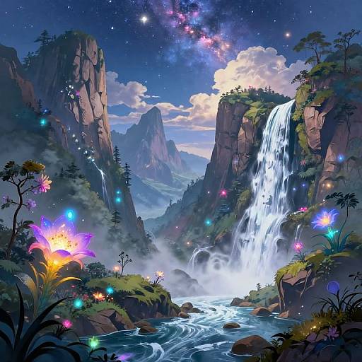 Fantasy Landscape with Waterfall and Stars