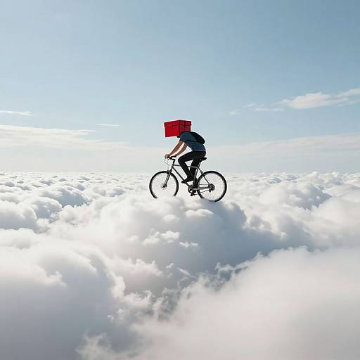 Digital art of a person with a red umbrella riding a bicycle above a sea of fluffy white clouds against a bright blue sky.