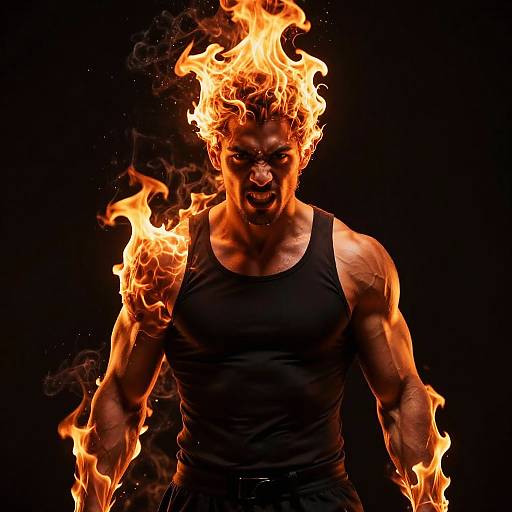 Photograph of a muscular man with wild, orange flames engulfing his head and upper body, wearing a black tank top, against a black background.