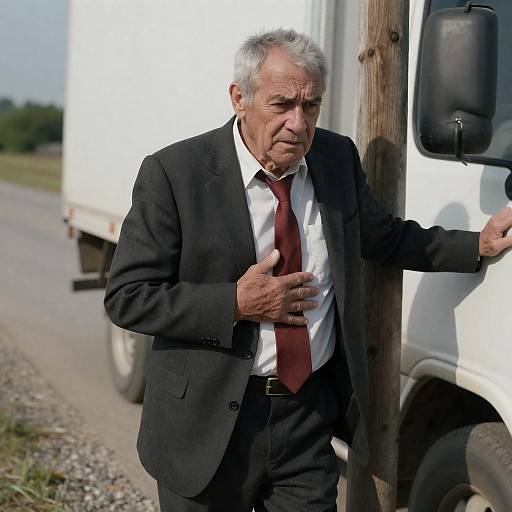Concerned Older Man by White Truck