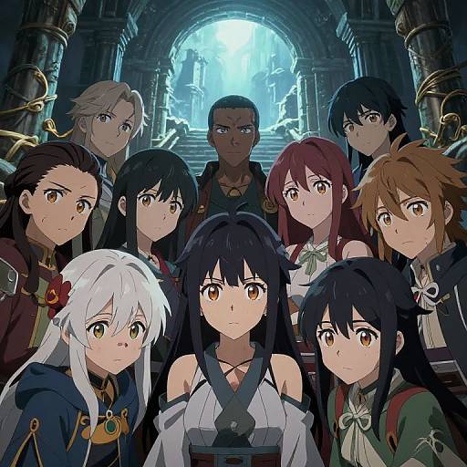 Digital anime-style group portrait of nine diverse characters with varying hair colors and styles, standing in a dark, arched stone hallway with a bright blue arch