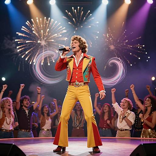 1970s Singer Performing on Stage with Fireworks