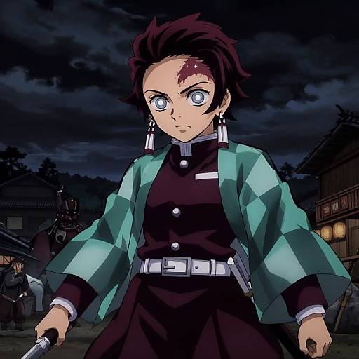 Digital anime-style illustration of a determined, dark-haired girl with glowing blue eyes, wearing a black jacket and green kimono, holding a knife, under