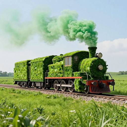 Photograph of a vibrant green, leaf-covered steam locomotive with smoke, traveling on a railway through a lush, grassy field.