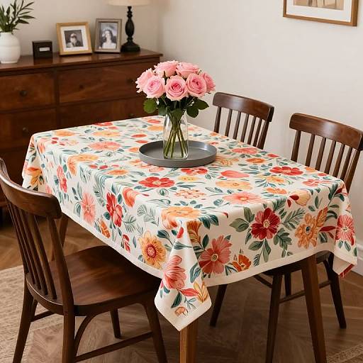 Photograph of a wooden dining table with a floral tablecloth, pink roses in a vase, surrounded by wooden chairs, against a homely background.
