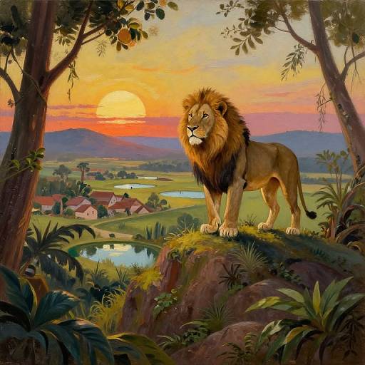 A majestic lion with a dark mane stands on a rocky hill at sunset, overlooking a vibrant, colorful village and lush landscape. Digital painting.