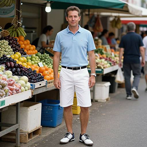 Photograph of a smiling man in a light blue polo and white shorts, standing in a vibrant outdoor market with colorful fruits and vegetables, wearing black and