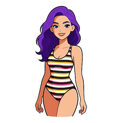 Digital illustration of a smiling woman with purple hair, wearing a striped black, white, yellow, and pink one-piece swimsuit. White background.