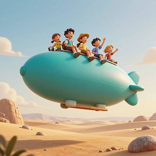 Cartoon-style image of six children joyfully riding a large, blue, flying whale over a desert with rocky formations and clear skies.