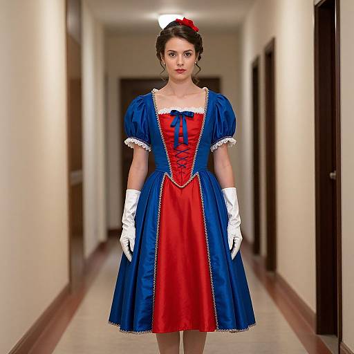 Photograph of a young woman in a blue and red Snow White-inspired dress with white gloves, standing in a dimly lit hallway.