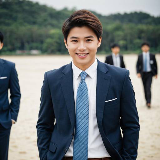 Smiling Asian Man in Blue Suit on Beach