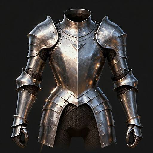 Photorealistic CGI of shiny, silver medieval knight armor with intricate rivets, textured black padding, and empty helmet on a black background.