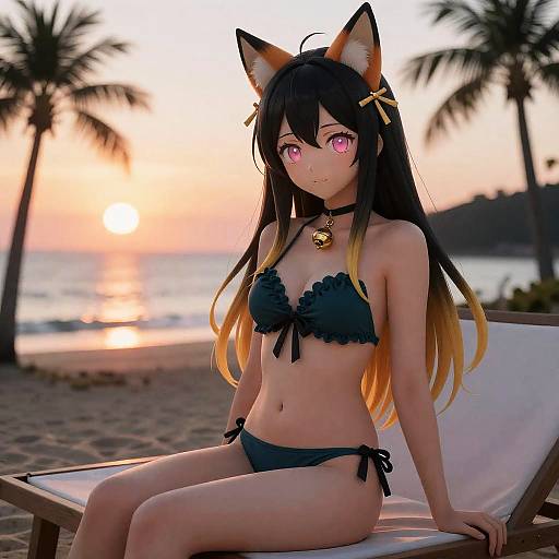 Sunset Beachside Kitsune in Teal Bikini