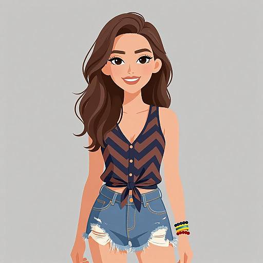 Digital illustration of a smiling woman with long brown hair, wearing a chevron-patterned sleeveless top and high-waisted, frayed denim shorts