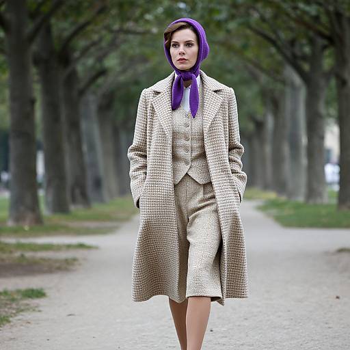 Photograph of a confident woman in a beige checkered suit, purple headscarf, and matching vest, walking down a tree-lined path.