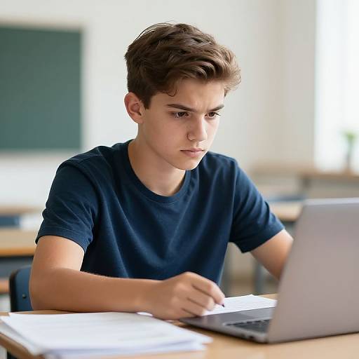 Photograph of a young, Caucasian boy with short brown hair, wearing a dark navy t-shirt, focused on writing while using a laptop in a bright