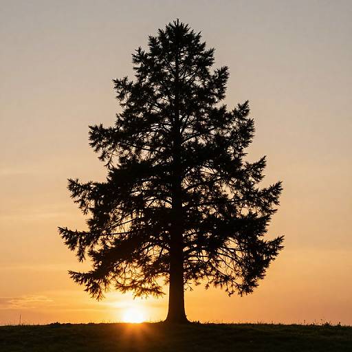 Photograph of a silhouetted pine tree against a vibrant orange and yellow sunset, with the sun partially hidden behind the tree.